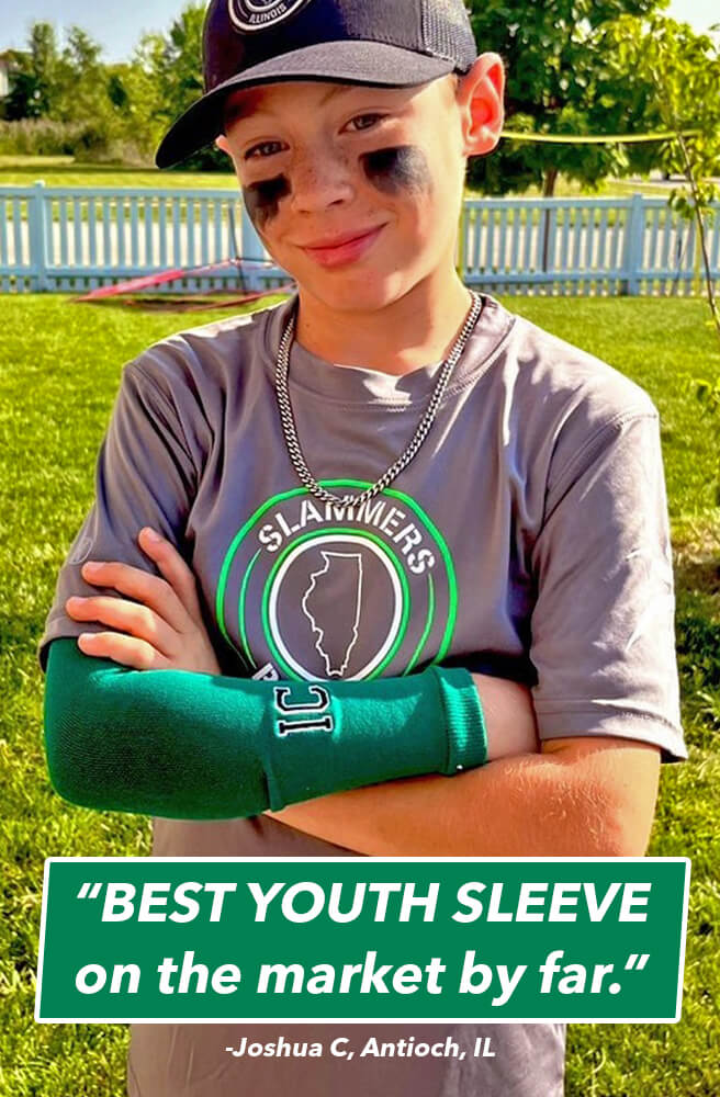 Young baseball player wearing arm sleeve. Quote: "Best youth sleeve on the market by far." -Joshua C, Antioch, IL